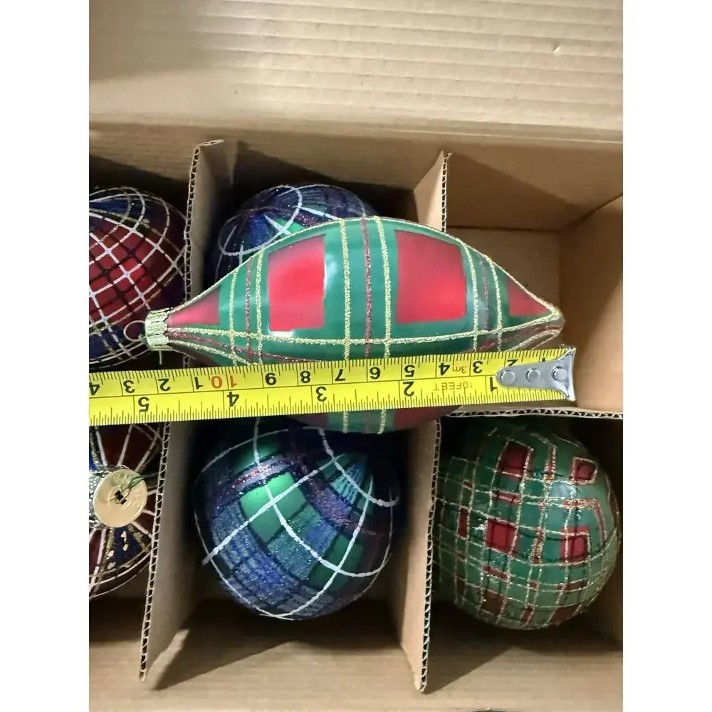 Vintage Jeffrey Banks Home Set of 8 Large Plaid Tartan Glass Ornaments w/ Box